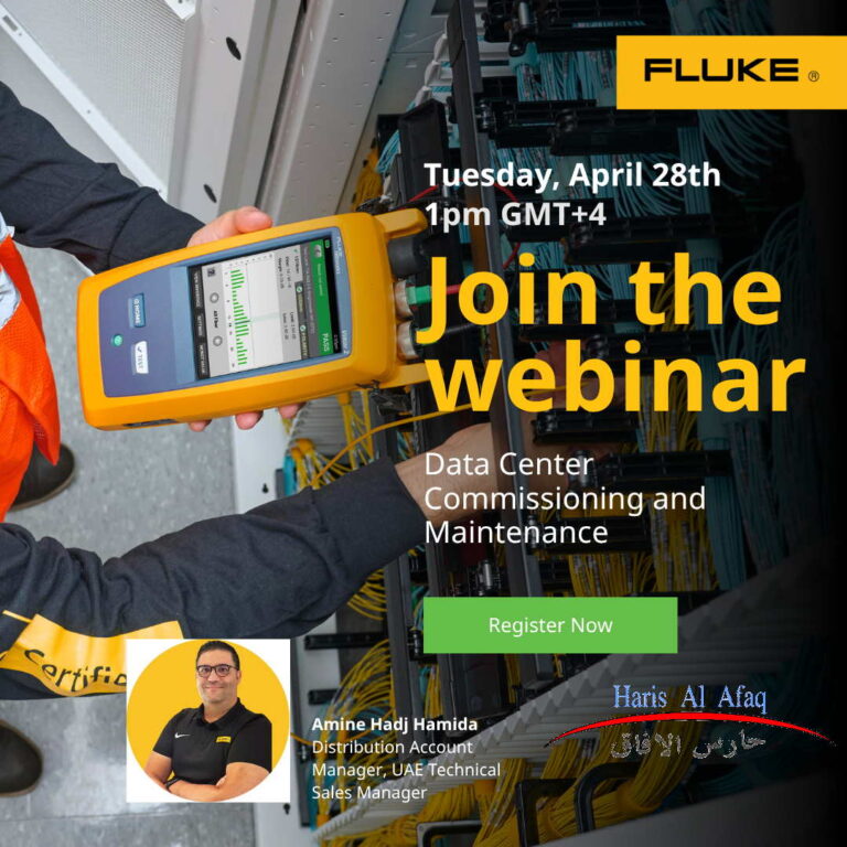 Data center technician uses a yellow Fluke device among server racks; promotional text reads 'Join the webinar' on Data Center Commissioning and Maintenance, with a green 'Register Now' button.