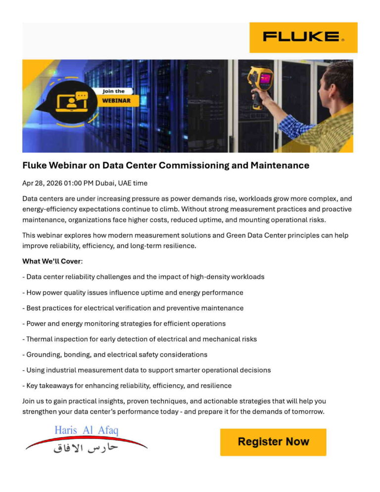 Promotional header for a Fluke webinar about data center commissioning, featuring a technician in a data-center with servers and a Fluke logo at top right.
